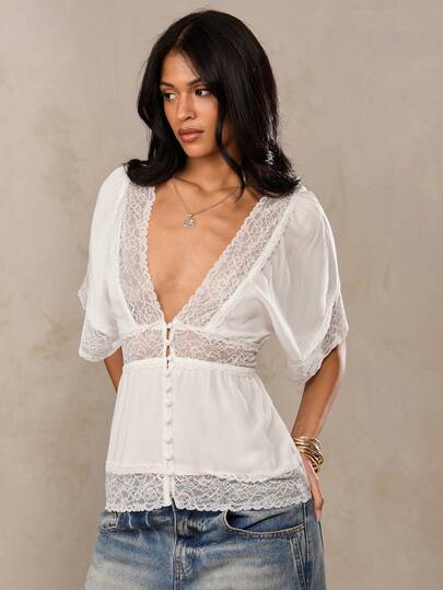 SHEIN BAE White Elegant Sweet Lace Patchwork Flowy Ruffle Sleeve V-Neck Blouse, Suitable For Casual Tops, Vacation Tops, Back To School Tops, White Tops, Ibiza, Italy Holiday, Beach Tops