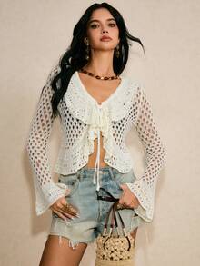 Poéselle 女士纯色V领插肩喇叭袖镂空荷叶边开衫 - 白色 - 查看 6