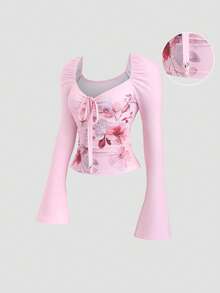 Sweetra Áo thun nữ màu hồng, thích hợp cho Halloween, Lễ Tạ ơn, Năm mới, dự tiệc, đi làm, mặc hàng ngày, du lịch, nghỉ mát. Áo có họa tiết in, nơ đính hạt, thiết kế nhún bèo, dễ thương và tinh nghịch, ôm eo, tay dài. - Hồng - Xem 1