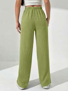 SHEIN Unity Pantalones casuales anchos de cintura con cordón de unicolor para mujer - Verde Oliva - Ver 2