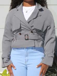 Steph T 女式新款卡其色带口袋腰带风衣 - 灰色 - 查看 4