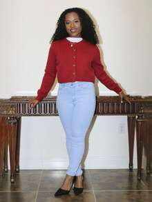 Steph T Classic Front Button Long Sleeve Cardigan, Fashionable For Autumn/Winter - Red - View 4