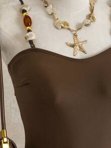 Swim SXY 纯色无钢圈细肩带露背高衩连体泳衣，优雅海滩度假风 - 咖啡棕 - 查看 6