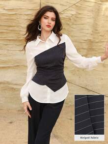 Modelyn 2 Peças Conjunto de Blusas Femininas de Design Francês com Gola Virada, Bloco de Cores Contrastantes, Listras Assimétricas, Casuais, Ajuste Slim, Manga Longa - Multicolorido - Visão 4