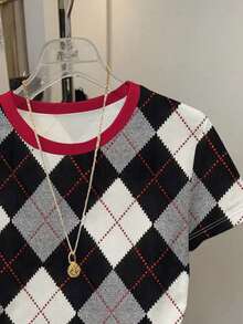 Resyla 女士休闲菱形印花撞色滚边圆领短袖T恤，夏季 - 彩色 - 查看 5