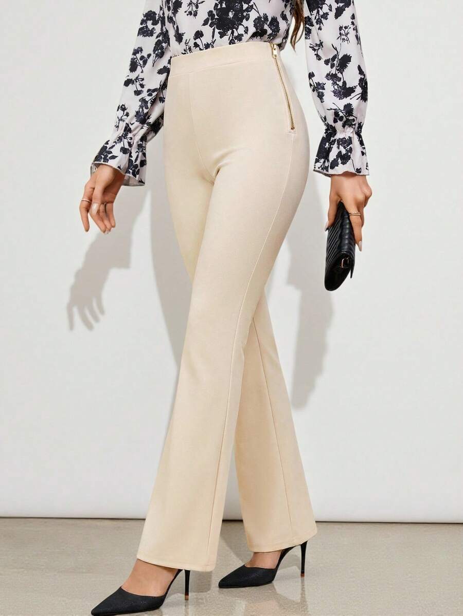 Amorya 女士纯色高腰休闲百搭裤 - 杏色 - 查看 1