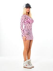 SUMWON WOMEN Đầm ngắn ôm sát tay dài cổ cao in chấm bi bằng vải lưới, phong cách vintage retro, thích hợp cho tiệc tùng, câu lạc bộ. - Hồng - Xem 5