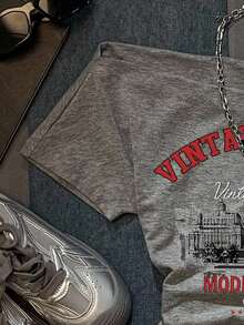 SHEIN EZwear 女士休闲简约复古风景标语印花褶皱腰部露肩修身短袖T恤，适合夏季穿着，Y2K不对称肩部紧身设计，露肩上衣 - 淺灰色 - 查看 6