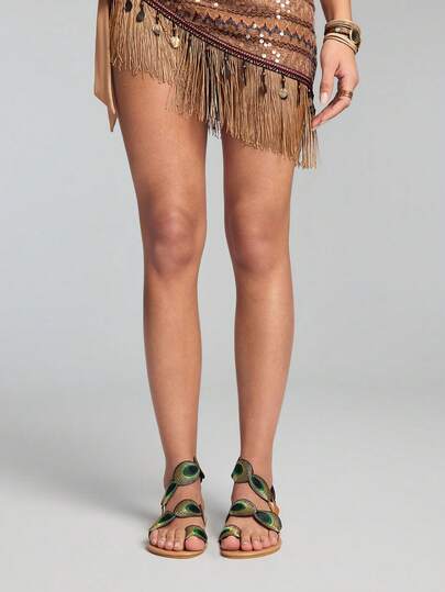 ROMWE Fairycore 2025 时尚新款舒适性感沙滩凉鞋，女士平底孔雀花人字拖鞋，欧盟/美国款式