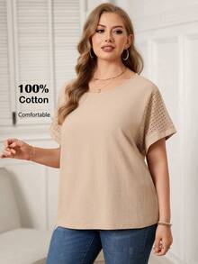 Rosumi 大码女式夏季休闲度假乡村春季纯色卡其色蕾丝拼接圆领短袖衬衫，舒适透气，适合夏季假期、春假、度假、外出等场合，2026新款，简约时尚，日常穿着，休闲度假波西米亚风上衣，休闲上衣，适合夏季、度假、通勤、日常穿着 - 卡其色 - 查看 6