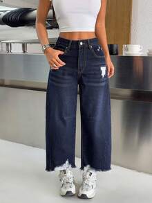 SHEIN PETITE Women's Loose Fit Distressed Pocket Flare Leg Casual Jeans - Dark Wash - View 3