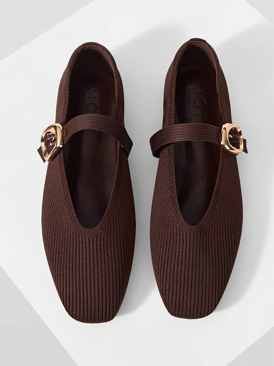MOTF PREMIUM WOMEN SQUARE TOE BUCKLE STRAP FLATS FOR CHRISTMAS - Coffee Brown - View 2