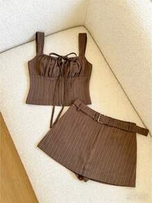 Resyla Bộ 2 món áo hai dây ôm sát người kẻ sọc màu nâu mocha dành cho nữ và quần short váy. - Màu be - Xem 3
