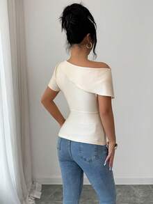 Elenzga Elegant Casual Asymmetric Ruched Waist Fitted Knit Top, Apricot Short Sleeve T-Shirt - Apricot - View 2
