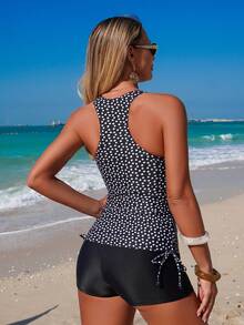 Swim Lushoire 2pcs/Set Irregular Polka Dot Print Drawstring Waist Elastic Waist Casual Beach Vacation Vest Camisole & Shorts Bikini Set, Hot Selling Spring/Summer - Black and White - View 2