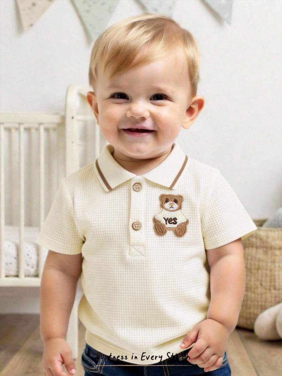 Cozy Pixies Baby Boy Cartoon Bear Pattern Polo Collar Short Sleeve Half-Zip Pullover Top Baby Boy Polo Shirt Toddler Polo Shirt Baby Boy Collar Shirt Baby Boy Collagen Shirt Baby Boy Cotton Shirt Baby Boy Jersey Shirt Cotton Clothes 100 Cotton Baby Boys Clothing Baby Boy Beige Outfit - Apricot - View 1