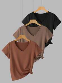 INAWLY Große Größen Damen V-Ausschnitt T-Shirt, lässiger Sommer Outdoor-Top, klassische Dreifarbenkombination, Alltagskleidung, legerer Stil, hochwertig, einfarbiges Design, Outdoor, Einkaufen, Büro, Studentin - Verschiedenfarbig - Übersicht 1