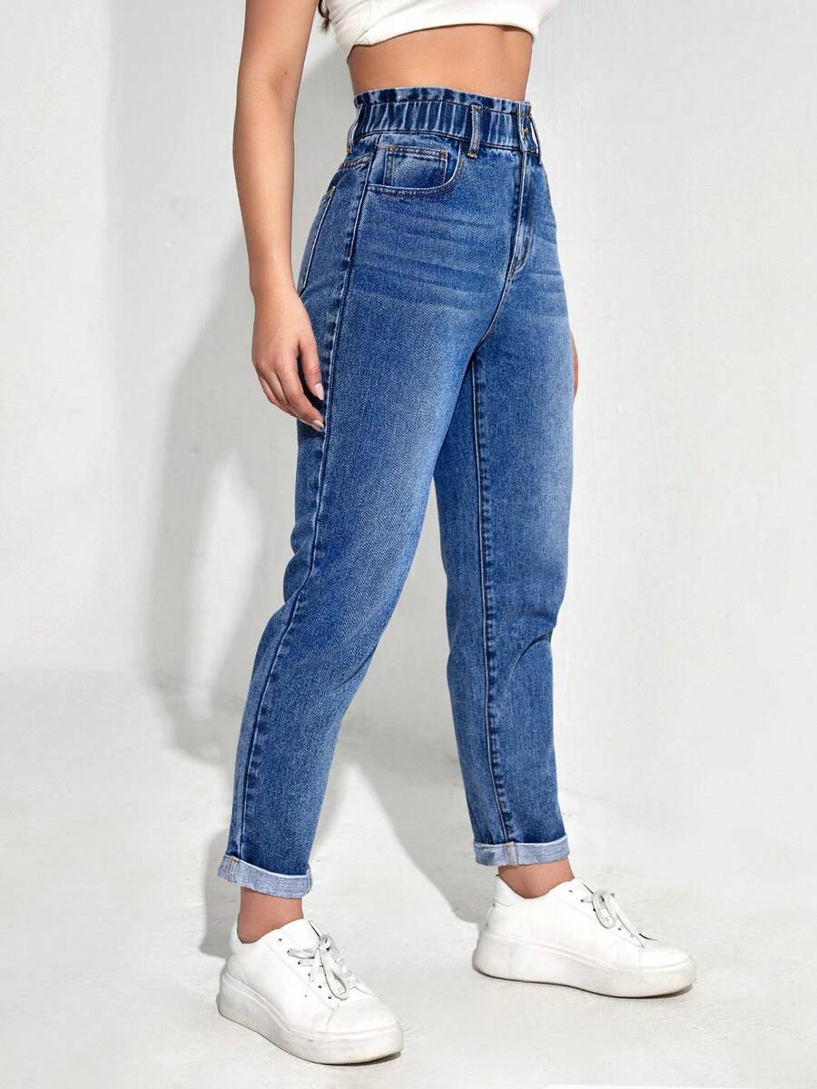 SHEIN EZwear 女式口袋紧身休闲百搭牛仔裤 - 深色水洗藍 - 查看 1