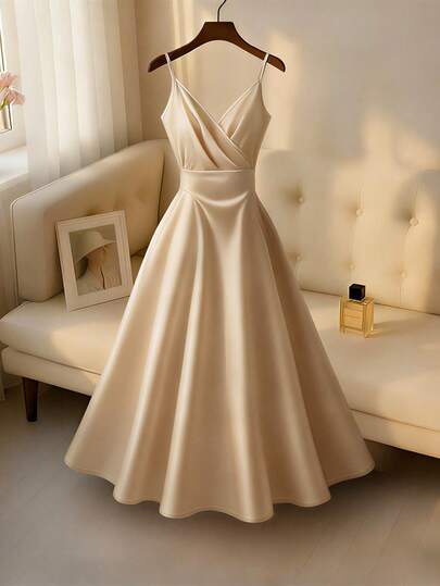 Franclia Vestido sin mangas color champán para mujer con cuello cruzado, cintura ceñida, decoración con hebilla metálica, adecuado para salidas casuales, ir al trabajo, citas, té de la tarde, fiestas, vacaciones