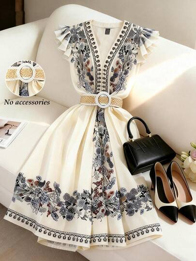 Franclia 印花交叉V领荷叶边短袖优雅露脐连衣裙，A字中长连衣裙，蓝色女士夏季连衣裙，度假风简约时尚夏季连衣裙