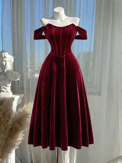 SHEIN MOD 大码浪漫红色仿鱼骨纹单肩连衣裙，晚宴礼服，正式礼服，舞会礼服，连衣裙，酒红色长裙，伴娘礼服，天鹅绒礼服，返校节礼服，文艺复兴风格礼服，复古礼服，新年礼服，情人节礼服，束腰连衣裙