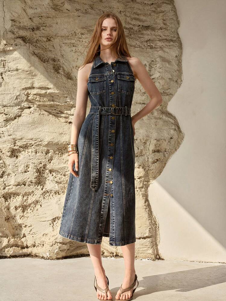 WOMEN'S DENIM SLEEVELESS BELTED MIDI DRESS, ELEGANT FOR DATES, SPRING/SUMMER