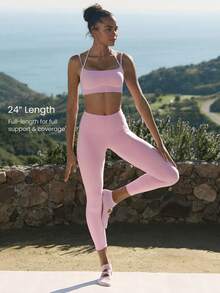 GLOWMODE 24" FeatherFit™ Workout Lover Buttery-Soft Sweat-Wicking Contrasting Seam Tummy Control Booty-Lifting Leggings Low Impact Yoga Pilates Studio Gym Daily Active Casual Wear - Pink - View 6