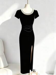 SHEIN Franclia 女士优雅派对珍珠装饰开衩连衣裙 - 黑色 - 查看 4