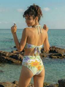 CAJUNI 女士夏季沙滩印花前系带露背性感比基尼泳衣套装 - 米色 - 查看 1