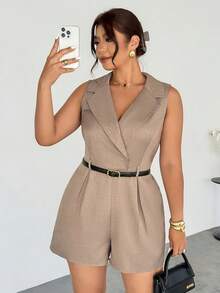 Firerie 大码女士优雅通勤连体裤，翻领，无袖，带口袋，四季皆宜，秋季返校季必备 - 卡其色 - 查看 2