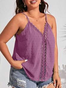 SHEIN Frenchy Camiseta suelta de talla grande con tirantes finos y parches de encaje de unicolor - Morado - Ver 5
