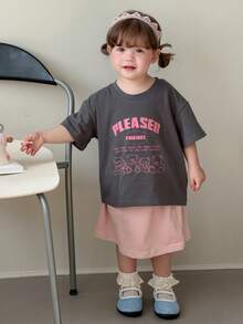 DAZY Toddler Girls' Casual Loose Fit Cartoon Letter Print Round Neck Top, Korean Style - Grey - View 7