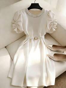 Franclia Women's Round Neck Short Sleeve Ruched Elegant Pearl Decor Mid-Length Dress - White - View 3