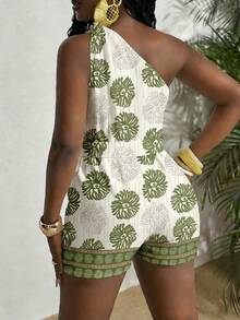 Slaydiva Spring/Summer New Music Festival Western Boho Easter Nashville Birthday Graduation Student Daily Casual Vacation Cruise Beach Sunbathing Trending One Shoulder Twist Waist Cinching Textured Fabric Waist Tie Slimming White Women Jumpsuit - Multicolor - View 2