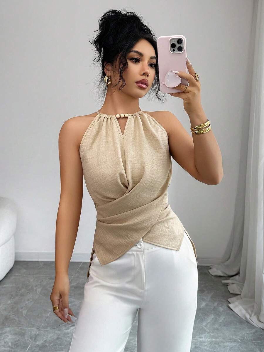 Elenzga petite 女士休闲串珠收腰圆领衬衫,通勤装,日常休闲上衣,春夏款 - 卡其色 - 查看 1