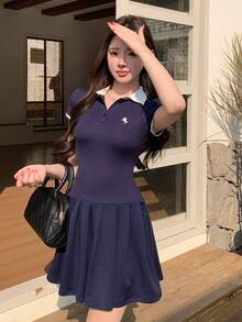 SHEIN K-Vae 优雅的 Polo 领刺绣拼接修身连衣裙 - 藏蓝色 - 查看 7