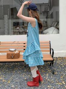 K-Vae Women's Summer Korean Retro Plaid Sleeveless Dress, Ruffle Hem Asymmetrical Tank Dress, Loose Fit Slimming Mid-Length Dress - Multicolor - View 3