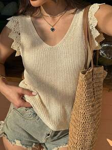 Selianne 女士针织上衣，蕾丝拼接，扭结露背设计，适合夏季度假和约会穿着 - 杏色 - 查看 1