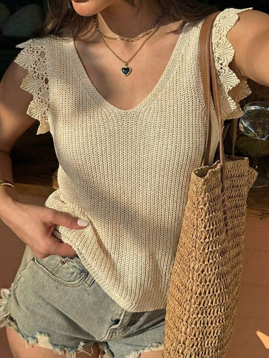 Selianne 女士针织上衣，蕾丝拼接，扭结露背设计，适合夏季度假和约会穿着 - 杏色 - 查看 1