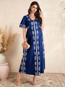 SHEIN Elegant Vintage Print Maternity Dress, Summer - Navy Blue - View 1