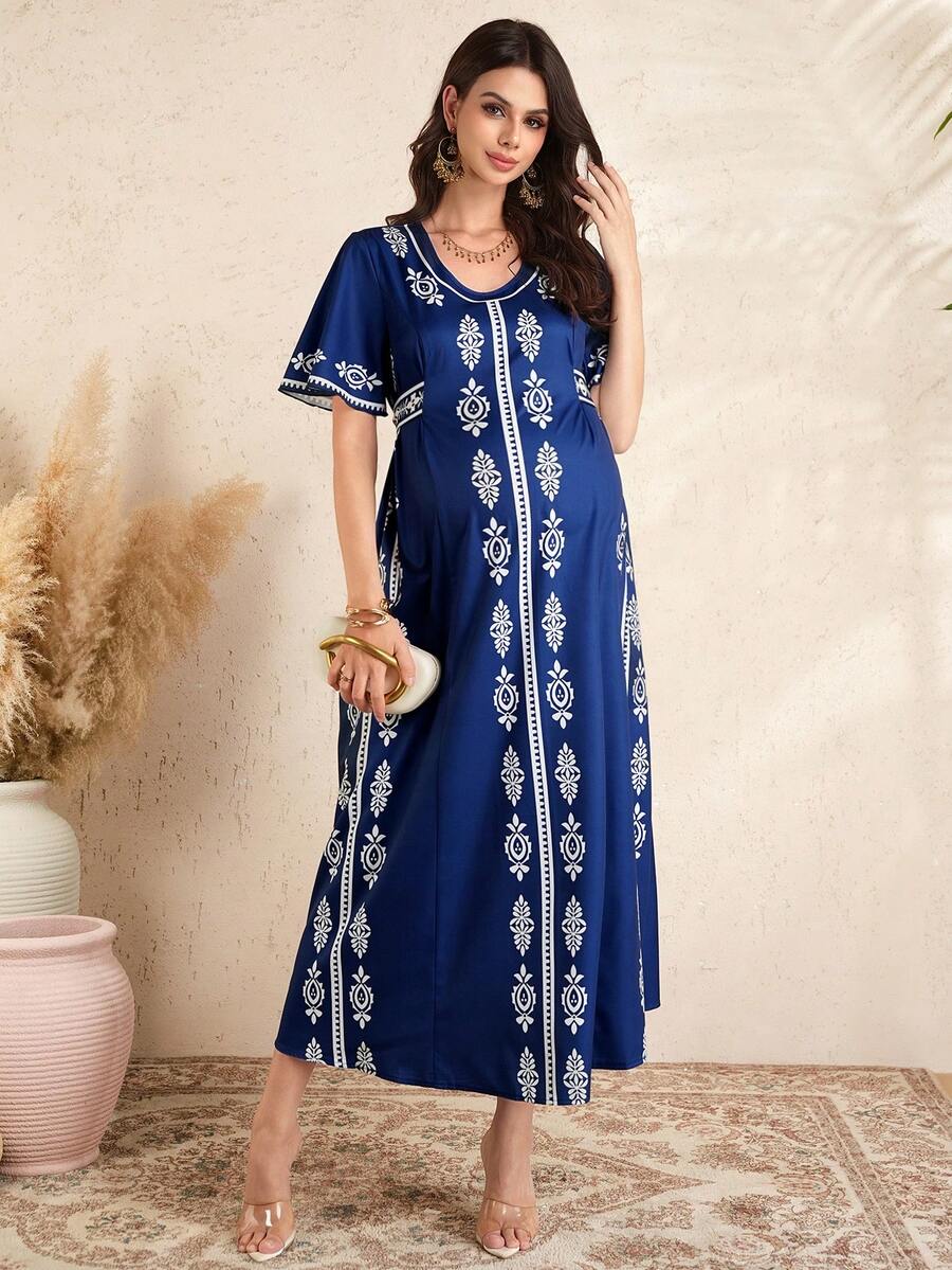 SHEIN Elegant Vintage Print Maternity Dress, Summer - Navy Blue - View 1