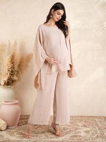 Momance 2pcs Maternity Bat Wing Long Sleeve Boat Neck A-Line Top And Drawstring Waist Straight Leg Pants Set - Khaki - View 4
