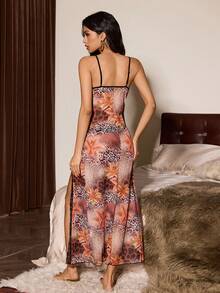 Slumberist Vestido de tirantes transparente con abertura alta, con estampado de leopardo y floral en encaje y malla para mujer - Multicolor - Ver 2