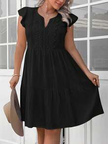 SHEIN LUNE Vestido casual de verano de talla grande con parches de encaje de unicolor - Negro - Ver 8