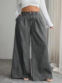 EMERY ROSE Quần jeans ống rộng cạp cao dáng rộng, chất liệu wash, cỡ lớn, kiểu dáng thường ngày. - Màu Xám nhạt - Xem 1