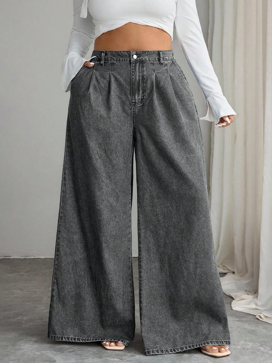 EMERY ROSE Quần jeans ống rộng cạp cao dáng rộng, chất liệu wash, cỡ lớn, kiểu dáng thường ngày. - Màu Xám nhạt - Xem 1