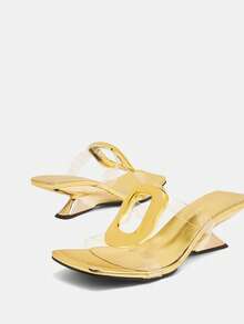 Glitzique 欧美风格方扣坡跟露趾凉鞋，时尚一脚蹬高跟穆勒鞋，适合夏季穿着 - 金色 - 查看 10