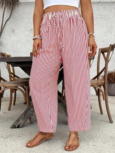 SHEIN VCAY Plus Size Casual Striped Drawstring Women Pants