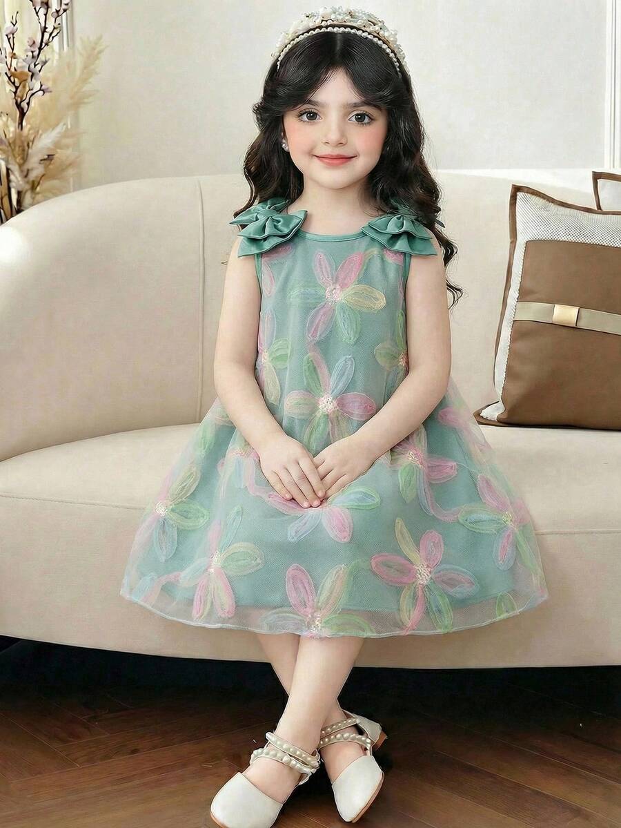 SHEIN Baby Girl Loose Elegant Big Bow 3D Flower Sleeveless Dress - Green - View 1
