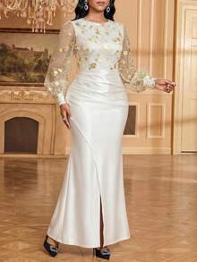 SHEIN Lady 女士复古优雅圆领灯笼袖长连衣裙 - 彩色 - 查看 5